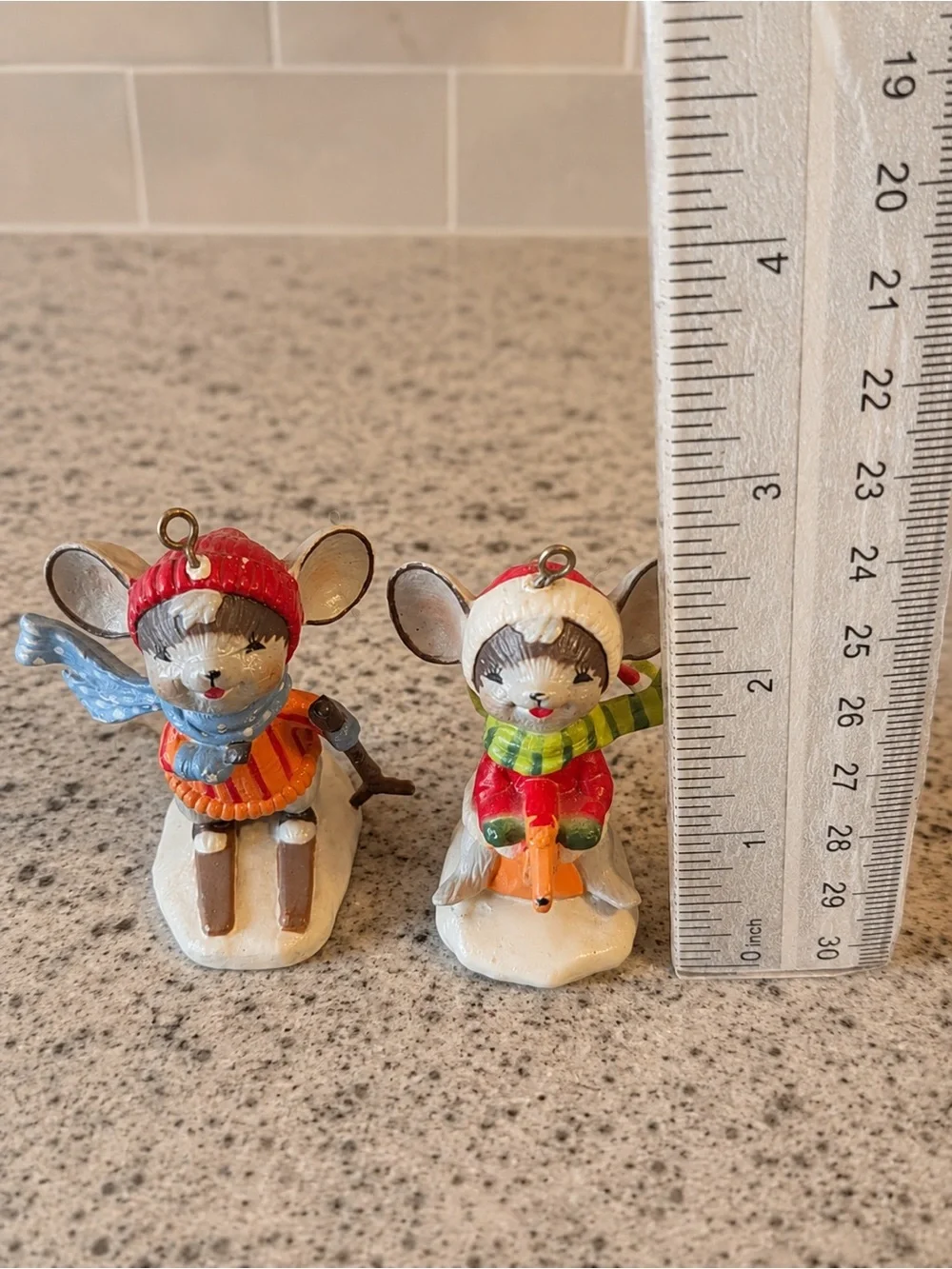 Vintage Set of 2 Winter Mouse Christmas Ornaments – Skier & Sledding Mouse – Han